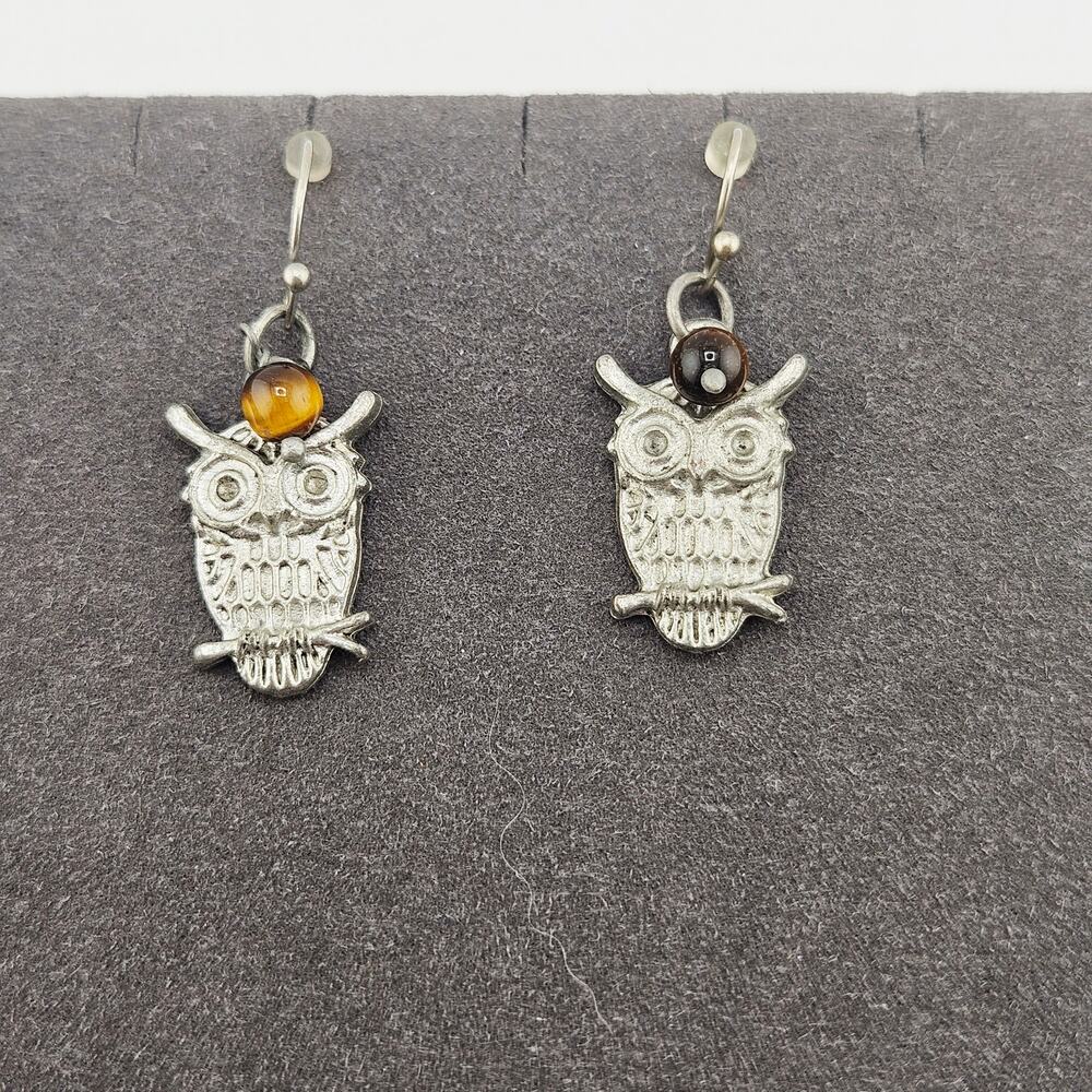 Silver Tone Owl Pendant Drop Earrings Brown Catseye Whimsical Forest Nymph